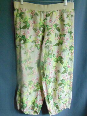 J. Jill Love Linen Beige Pink Lily Floral Cropped Pants Pull OnCapris Petite M